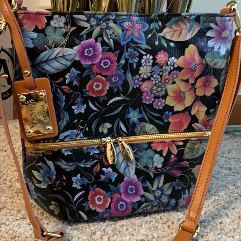 NWT Genuine Valentina Leather Floral Crossbody